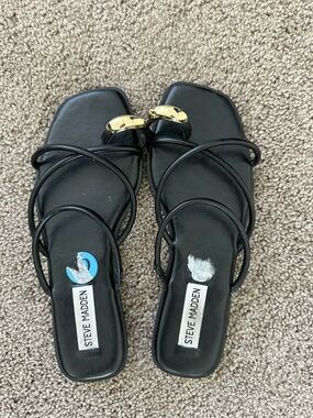 Steve Madden Black Strappy Square-Toe Slide Sandals with Gold Accent